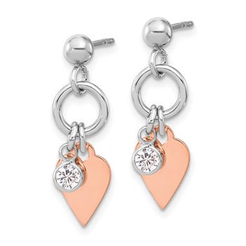 Sterling Silver Rose Gold-plated Polished /heart and CZ Post Earrings — alternate view