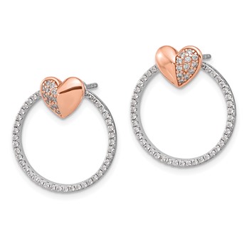 SS Rhodium-plated Rose-tone CZ Heart and Open Circle Post Earrings — alternate view