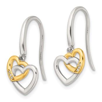 Sterling Silver E-Coated Flash Gold-plated CZ Hearts Dangle Earrings — alternate view