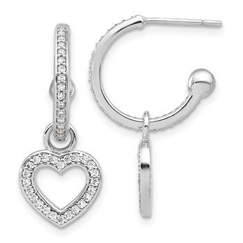 Sterling Silver Rhod-plated Polished CZ Dangle Heart Hoop Post Earrings