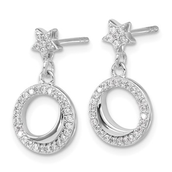 Sterling Silver Rhodium-plated Polished CZ Star Moon Dangle Post Earrings — alternate view