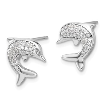 Sterling Silver Rhodium-plated CZ Dolphin Post Earrings — alternate view