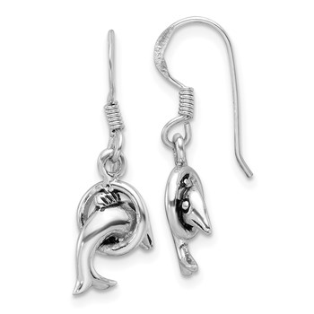 Sterling Silver Rhodium-plated Antiqued Dolphin Shepherd Hook Earrings