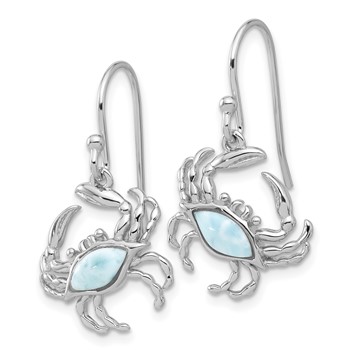 Sterling Silver Rhodium-plated Polished Larimar Crab Dangle Shepherd Hook Earrings — alternate view
