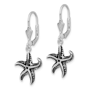 Sterling Silver Rhodium-plated Oxidized Starfish Dangle Leverback Earrings — alternate view