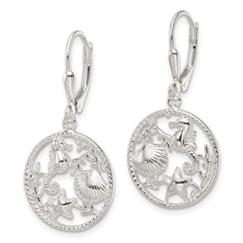 Sterling Silver Polished Sea Life Circle Dangle Leverback Earrings — alternate view