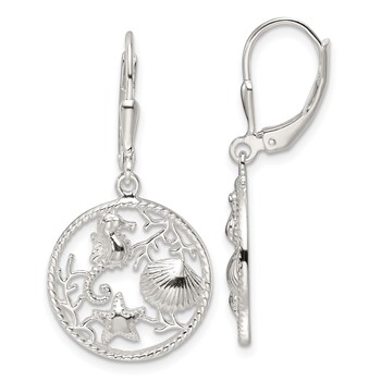 Sterling Silver Polished Sea Life Circle Dangle Leverback Earrings