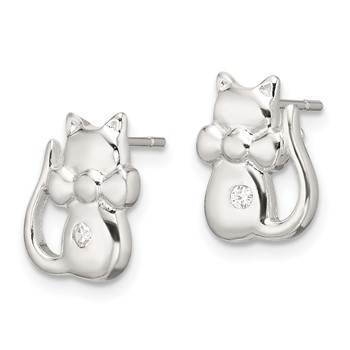 Sterling Silver Polished CZ Cat Earrings — alternate view