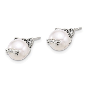 Sterling Silver Polished and Antiqued CZ and Syn. Pearl Cat Post Earrings — alternate view