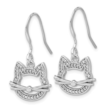 Sterling Silver Rhodium-plated CZ Cat Head Dangle Earrings — alternate view
