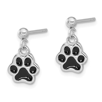 Sterling Silver Rhodium-plated Enameled Dog Paw Post Dangle Earrings — alternate view