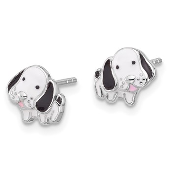 SS Rhodium-plated Black and White Enamel Dog Post Earrings — alternate view
