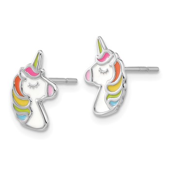 Sterling Silver Rhodium-plated Polished Enameled Unicorn Post Earrings — alternate view