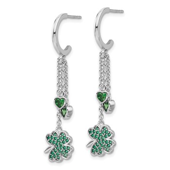 Pure Fire Sterling Silver Rhod-plated Green CZ Clover Heart Post Hoop Earri — alternate view