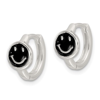 Sterling Silver E-Coating Black Enamel Smiley Face Hoop Earrings — alternate view