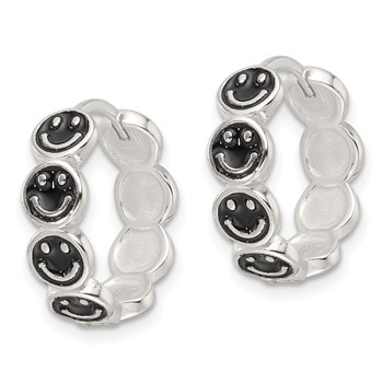 Sterling Silver E-Coat Black Enamel Smiley Face Hinged Hoop Earrings — alternate view