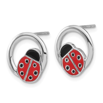 Sterling Silver Rhodium-plated Enameled Ladybug on Ring Post Earrings — alternate view