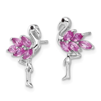 Sterling Silver Rhodium-plated Polished Pink Crystal Flamingo Post Earrings — alternate view