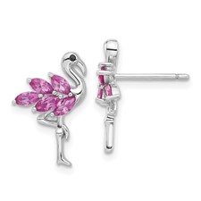 Image of Sterling Silver Rhodium-plated Polished Pink Crystal Flamingo Post Earrings
