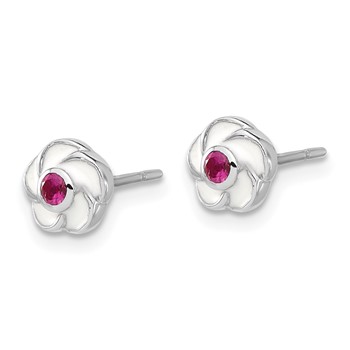 Sterling Silver Rhodium-plated Madi K Enamel Pink CZ Flower Post Earrings — alternate view