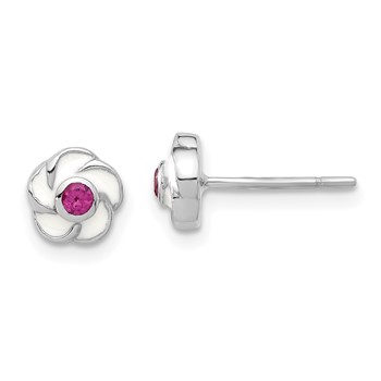 Sterling Silver Rhodium-plated Madi K Enamel Pink CZ Flower Post Earrings