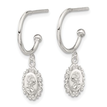 Sterling Silver E-coated Rose Dangle Post Hoop Earrings — alternate view