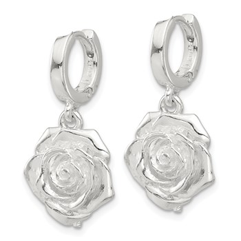 Sterling Silver Rose Dangle Hinged Hoop Earrings — alternate view