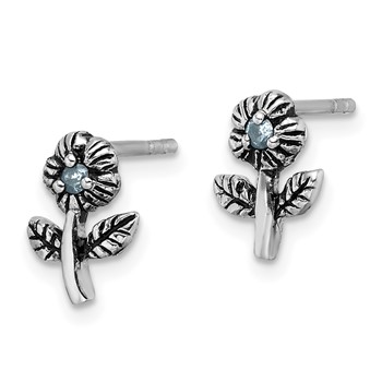 Sterling Silver Rhodium-plated Antiqued w/Blue CZ Flower Post Earrings — alternate view