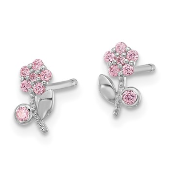Sterling Silver Rhodium-plated Polished Pink CZ Flower Post Earrings — alternate view