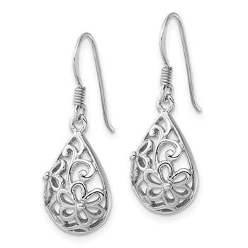 Sterling Silver Rhodium-Plated Polished Domed Filigree Flower Earrings — alternate view
