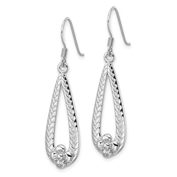 SS Rhod-Plated Polished Textured Teardrop w/Flower Dangle Earrings — alternate view