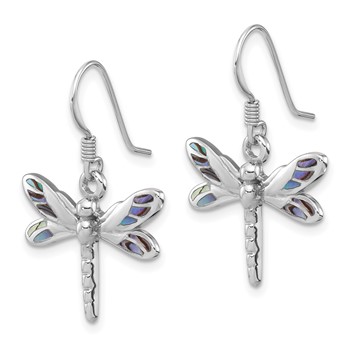 Sterling Silver Rhodium-Plated Polished Abalone Dragonfly Earrings — alternate view