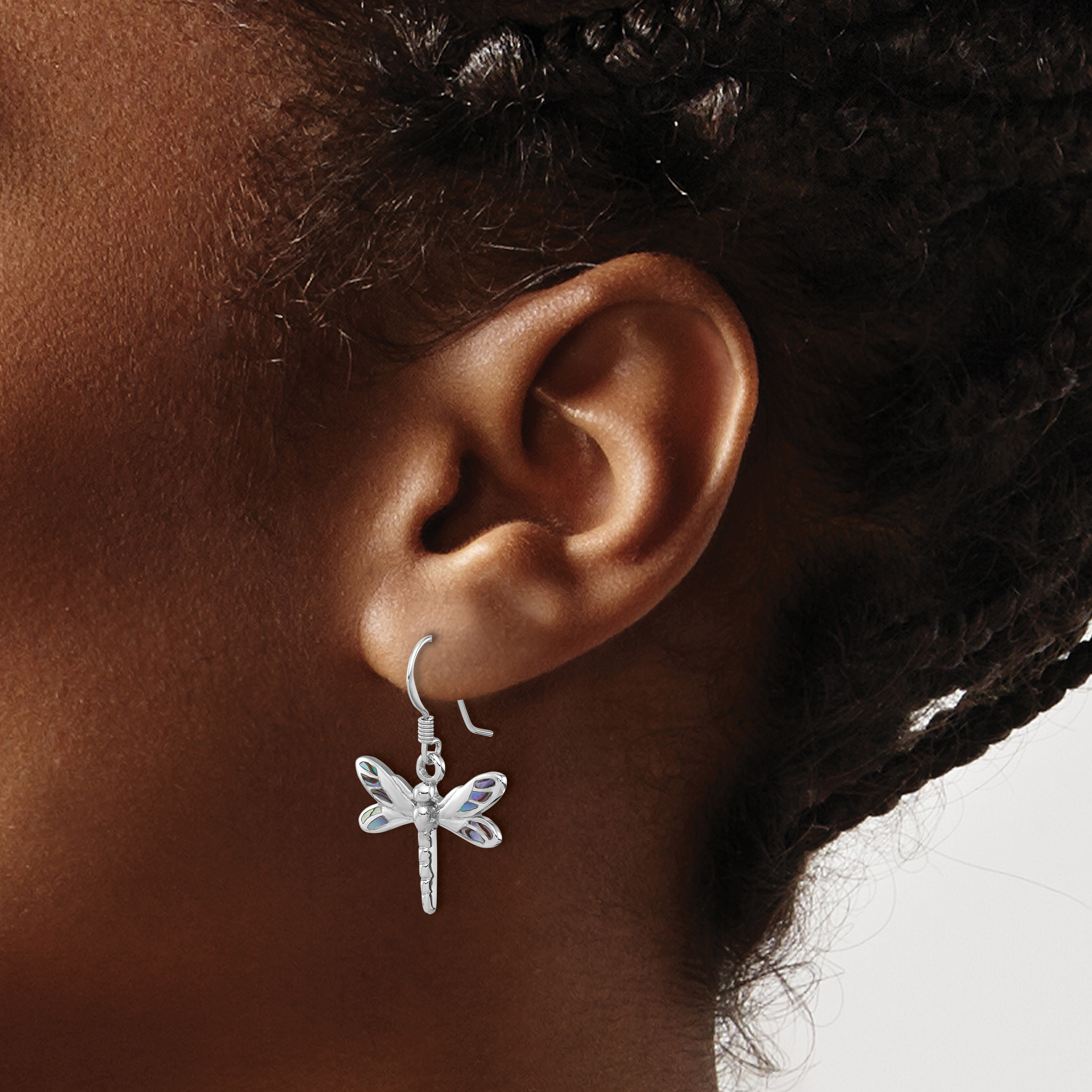 Sterling Silver Rhodium-Plated Polished Abalone Dragonfly Earrings 29.2x21.1mm detailed image 3