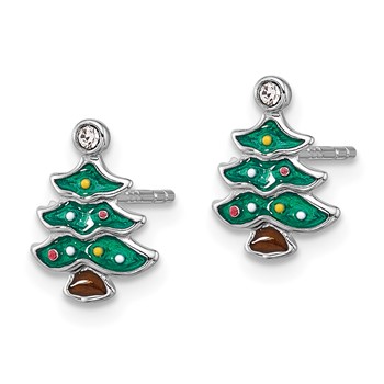 Sterling Silver Rh-plated Green Enamel Crystal Christmas Tree Post Earrings — alternate view