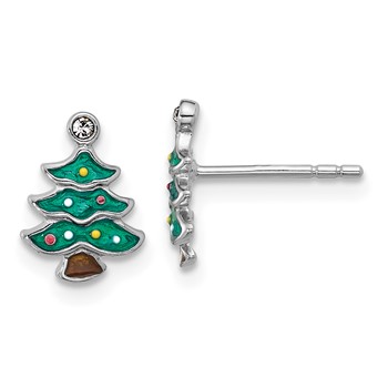 Sterling Silver Rh-plated Green Enamel Crystal Christmas Tree Post Earrings