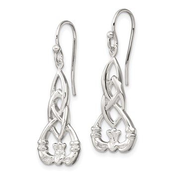 Sterling Silver Polished Celtic Knot Claddagh Dangle Earrings — alternate view