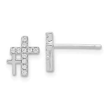 Sterling Silver Rhodium-plated Polished CZ Double Cross Post Earrings
