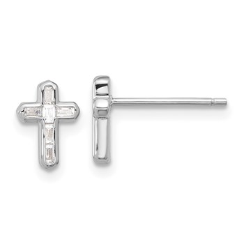 Sterling Silver Rhodium-plated Polished CZ Cross Post Earrings