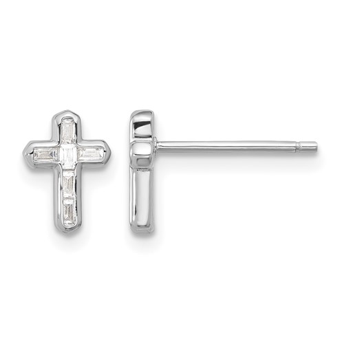 Sterling Silver Rhodium-plated Polished CZ Cross Post Earrings