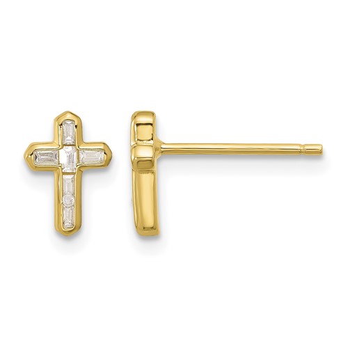 Sterling Silver Gold-tone Polished CZ Cross Post Earrings