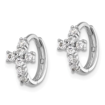 Sterling Silver RH-plated Polished CZ Cross Hinged Round Hoop Earrings — alternate view