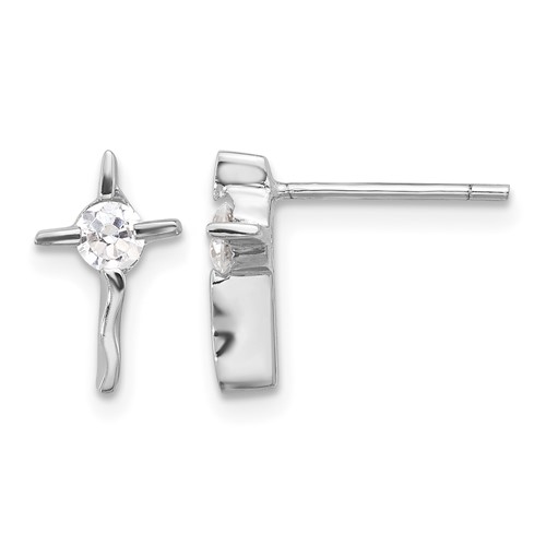 Sterling Silver Rhodium-plated Polished CZ Wavy Cross Post Earrings