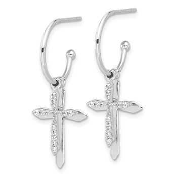 Sterling Silver Polished CZ Cross Dangle Post C-Hoop Earrings — alternate view