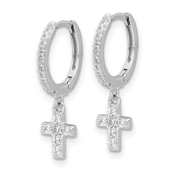 Sterling Silver RH-plated Polished CZ Cross Dangle Round Hoop Earrings — alternate view