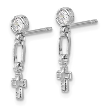 Sterling Silver RH-plated Polished & Textured CZ Cross Post Dangle Earrings — alternate view