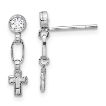 Sterling Silver RH-plated Polished & Textured CZ Cross Post Dangle Earrings