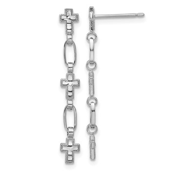 Sterling Silver RH-plated Polished & Textured Cross Post Dangle Earrings