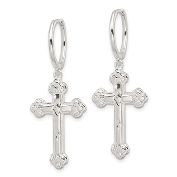 Sterling Silver E-Coating Polished Dangle Cross Round Hoop Earrings — alternate view