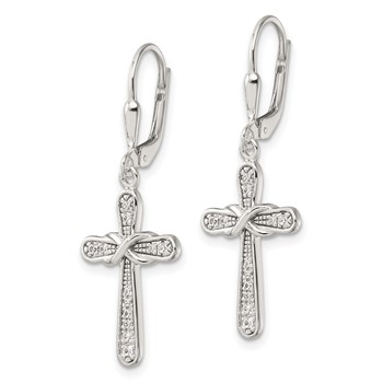 Sterling Silver Polished CZ Infinity Cross Leverback Dangle Earrings — alternate view