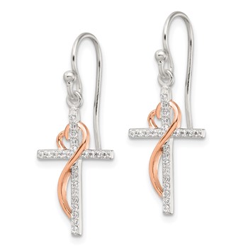 Sterling Silver & Rose-tone Polished CZ Heart Cross Dangle Earrings — alternate view